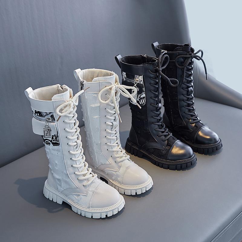 Детские универсальные модные нескользящие высокие сапоги с карманами в британском стиле, детские зимние ботинки 2022 года для маленьких девочек, подиум принцессы из искусственной кожи