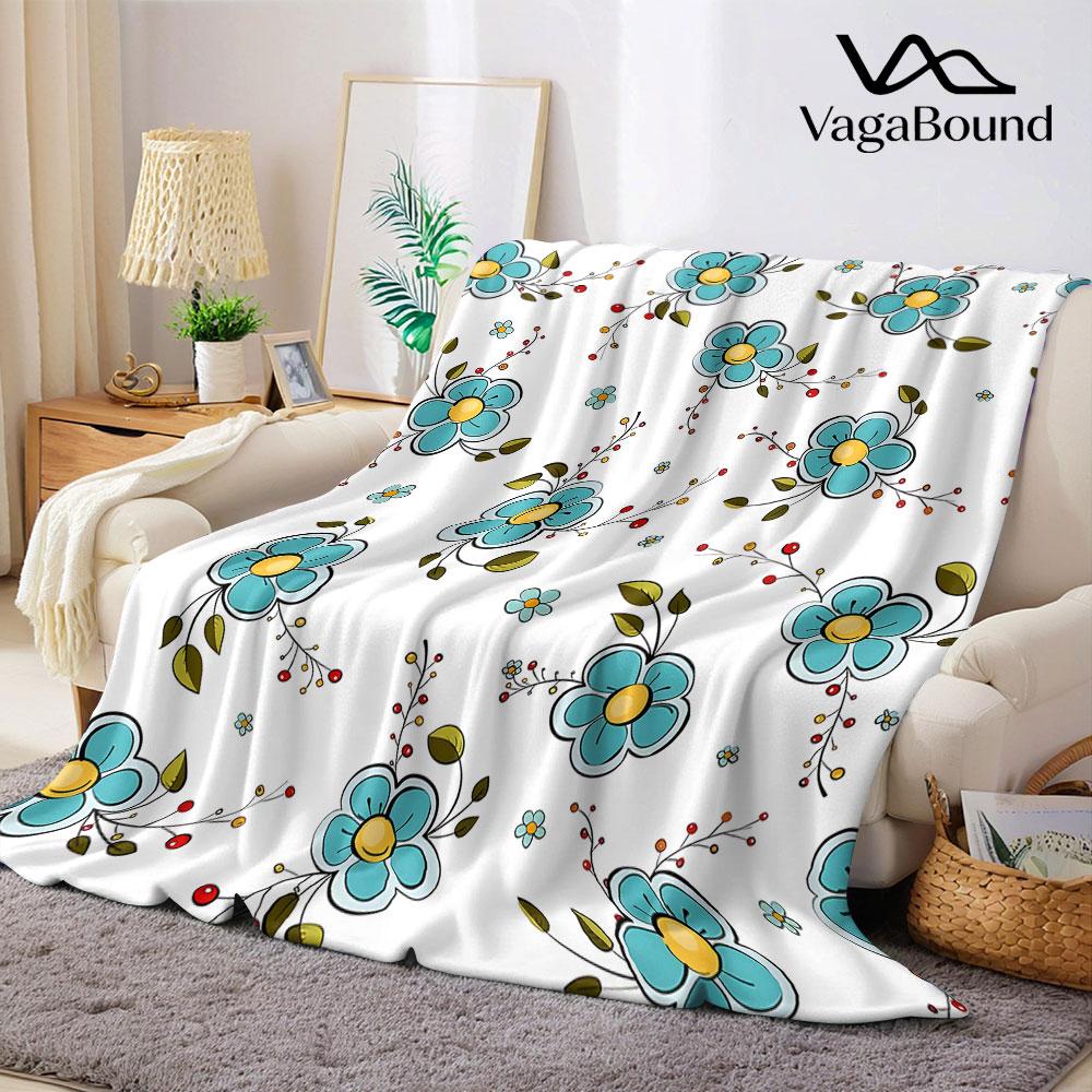 teal cartoon flower branch Flannel Blanket Warm Soft Halloween Christmas Decorative Couch Warm Cozy All-Season Gift