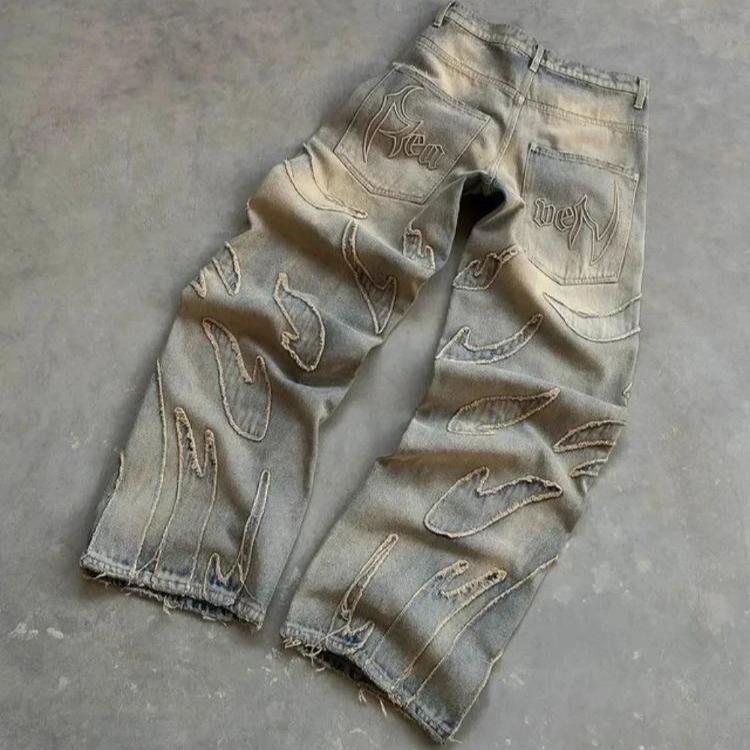 RogueWave Y2k Хип-хоп Мешковатые Джинсы Потертые Ретро Черные Брюки Вышивка Харадзюку Готика Брюки с Широкими Штанинами Уличная Одежда Брюки