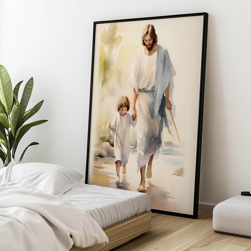 Jesus Walking With Child Jesus Walking With Child, 50X70 Cm, Unframed, Premium Canvas On Stretcher