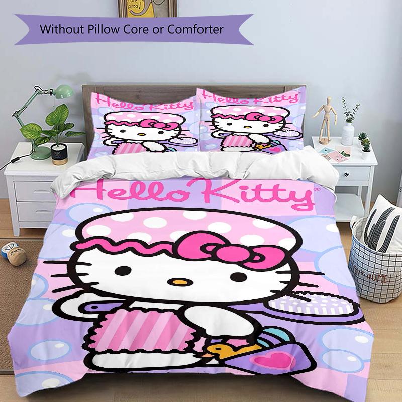 3 шт. Набор чехлов для кровати с принтом Hello Kitty, ультрамягкий, дышащий и удобный, стильный дизайн для спальни и гостевой комнаты 1 чехол