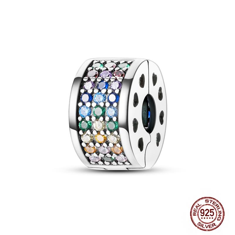 Round 925 Copper Clasp Pave Clip Charms Blue Star Moon Butterfly Slide Safety Chains Spacer Beads Fits Original Bracelet Zircon