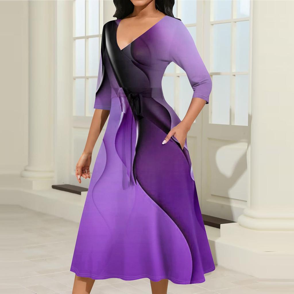 Женское повседневное модное платье миди с V-образным вырезом и рукавом три четверти