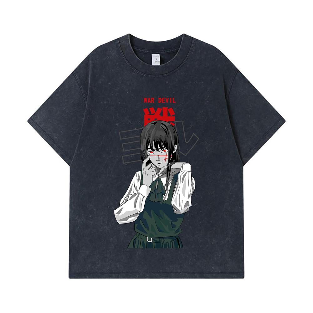 275 GSM Washed T-shirts 100% Cotton Chainsaw Man V58 War Devil Print Unisex Heavy Cotton T Shirt