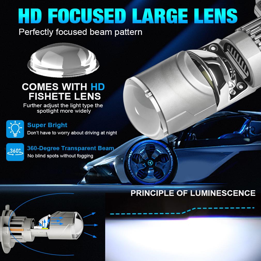 2 шт. Светодиодные линзы-проекторы H7 для фар LHD 1:1 Мини-размер Беспроводные Суперяркие 30000 Лм Светодиодные H7 Турбо Фары Ближний/Дальний Свет Plug&Play 12В 6500K