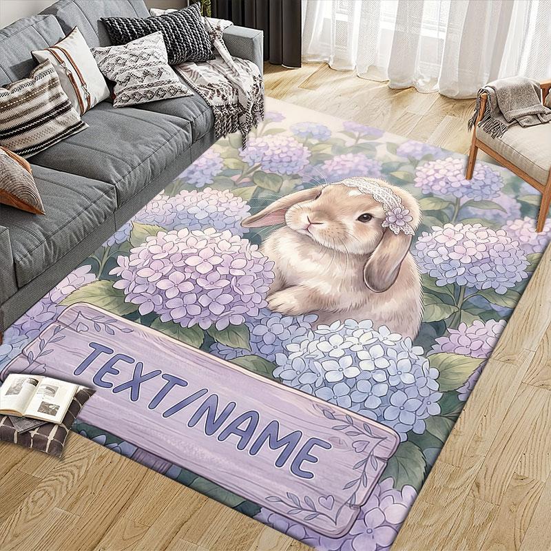 Custom Name,Floral Forest Animal Portrait Series Home Sofa Decoration for Living Room & Bedroom, Non‑Slip Play Flannel Floor Mat for Game Room