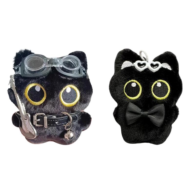 Cute Cartoon Black Cat Keychain Bag Pendant Backpack Hanging Ornaments Lovely Cat Doll With Camera Animal Car Keyring Kids Gift