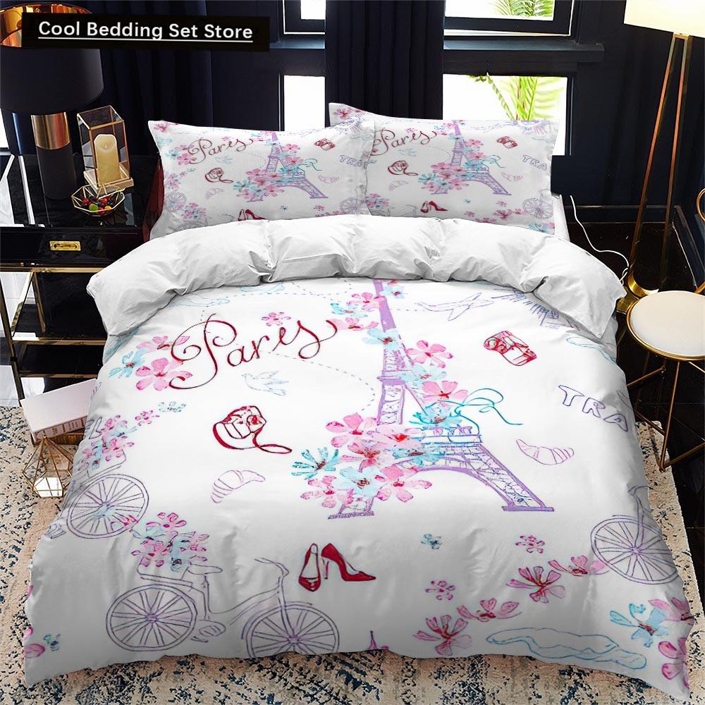 Пододеяльник с изображением парижской башни King Queen Знаменитые здания во Франции Комплект постельного белья для взрослых Розовый Романтический 2/3 шт. Полиэстеровый пододеяльник