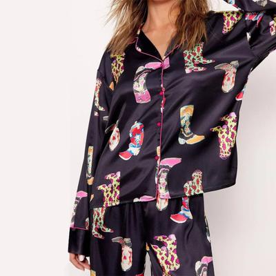 2 шт./комплект осень-зима женская пижама костюм атласный цветной принт лацкан длинный рукав топ широкие брюки пижамы повседневная домашняя одежда одежда