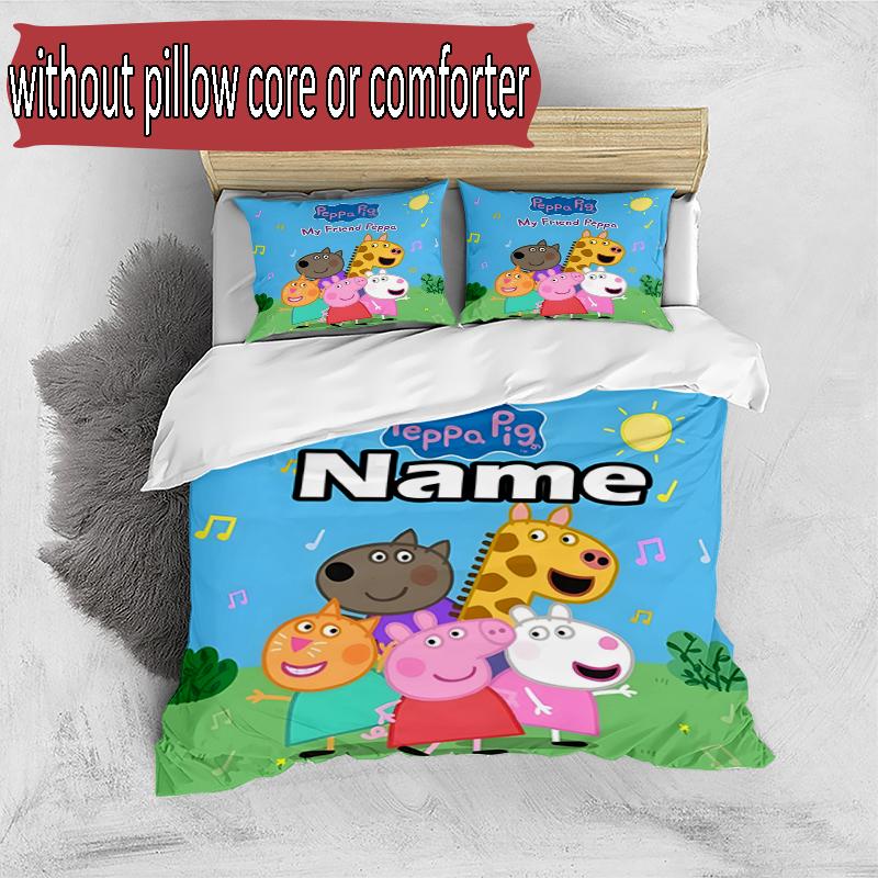 3pcs Duvet Cover Set (1*Duvet Cover + 2*Pillowcase, Without Core), Custom Name Peppa Pig Pattern Bedding Set, Home Bedroom Decor Gift
