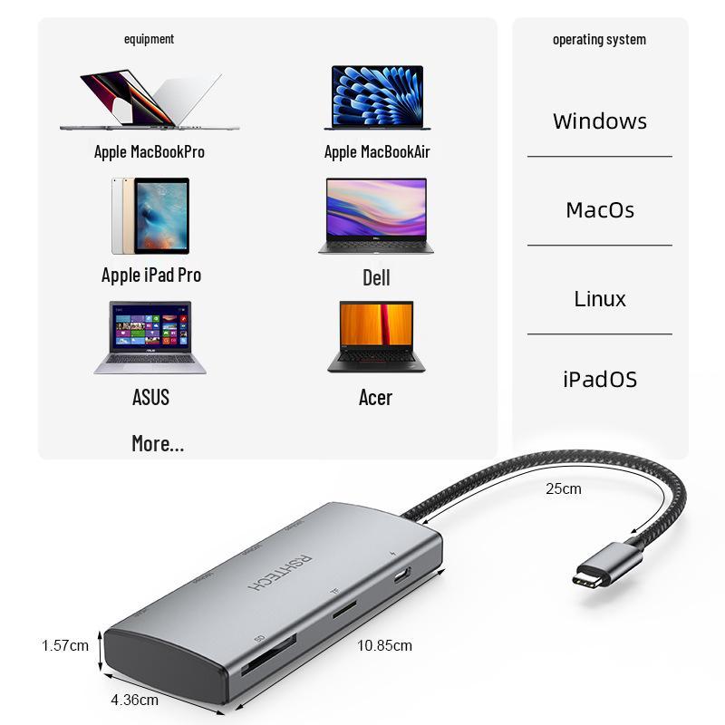Док-станция USB-C 7-в-1: Type-C на 4K HDMI, 60 Гц, Универсальный кард-ридер SD/TF, Разветвитель, 10 Гбит/с.