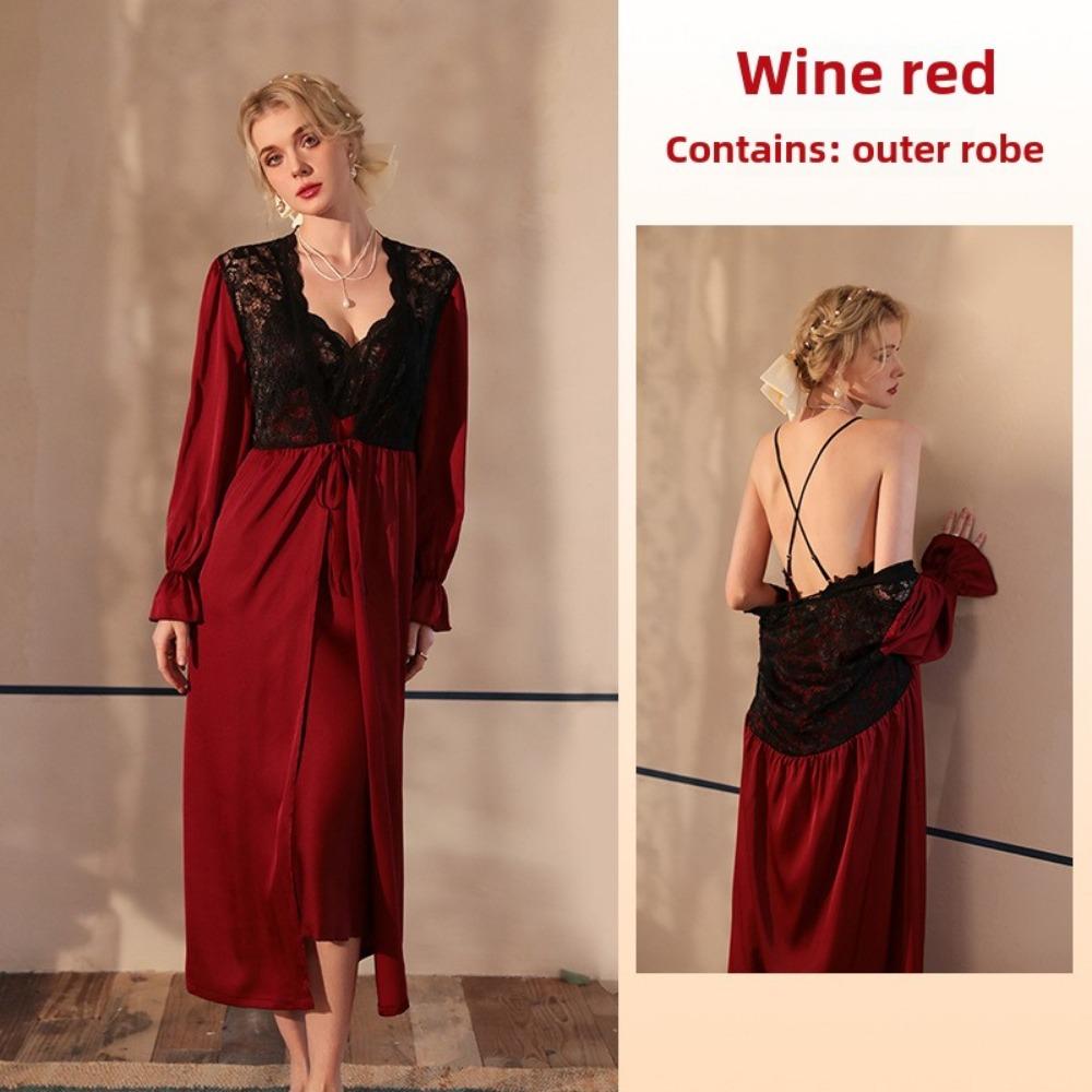 Satin Pajamas Women's Lace Light Luxury Long-sleeved Cool Nightgown Bathrobe Loungewear