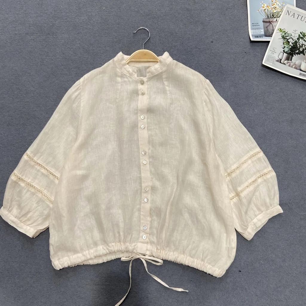 Johnature Spring Autumn Women Japanese Vintage Short Shirts Casual Stand Collar Loose All Match Female Tops