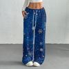 Women's Casual Christmas Printed Loose Straight Leg -Lined Pants with Elastic Waist