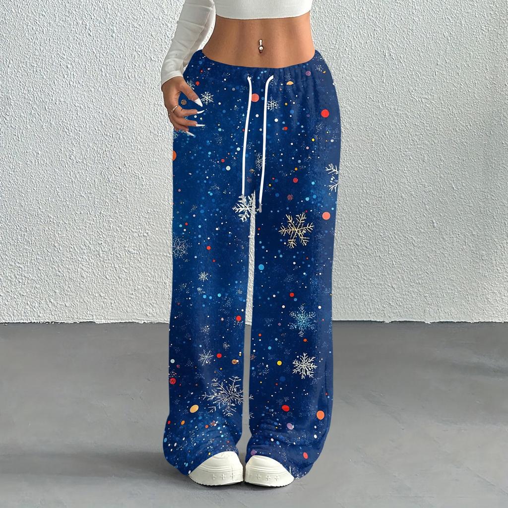 Women's Casual Christmas Printed Loose Straight Leg -Lined Pants with Elastic Waist