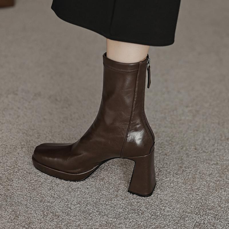 Krazing Pot Microfiber Autumn Winter Shoes Thick High Heels Platform Boots Square Toe Keep Warm Zipper Ankle Boots