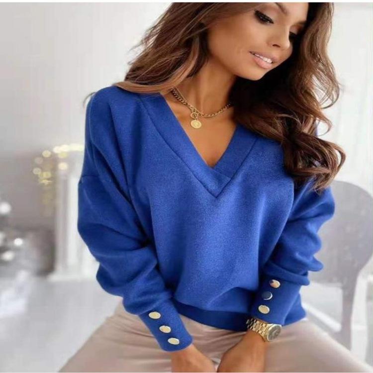 Осенне-зимняя модная женская мода с v-образным вырезом и длинным рукавом, повседневная однотонная трикотажная пуловер на пуговицах, свитера, джемпер