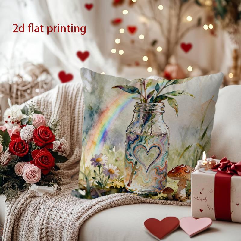 Rainbow & Heart Jar Pillow Cover for Cozy Decor Pattern Cushion Cover Suitable for Sofa Bedroom Car Pillow Cover