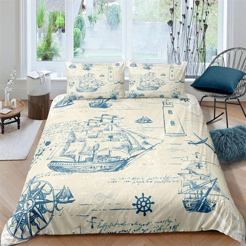 Vintage Pirate Sailboat Duvet Cover Nautical Ocean Theme Bedding Set Microfiber Diablo Style Comforter Cover King For Boys Teens