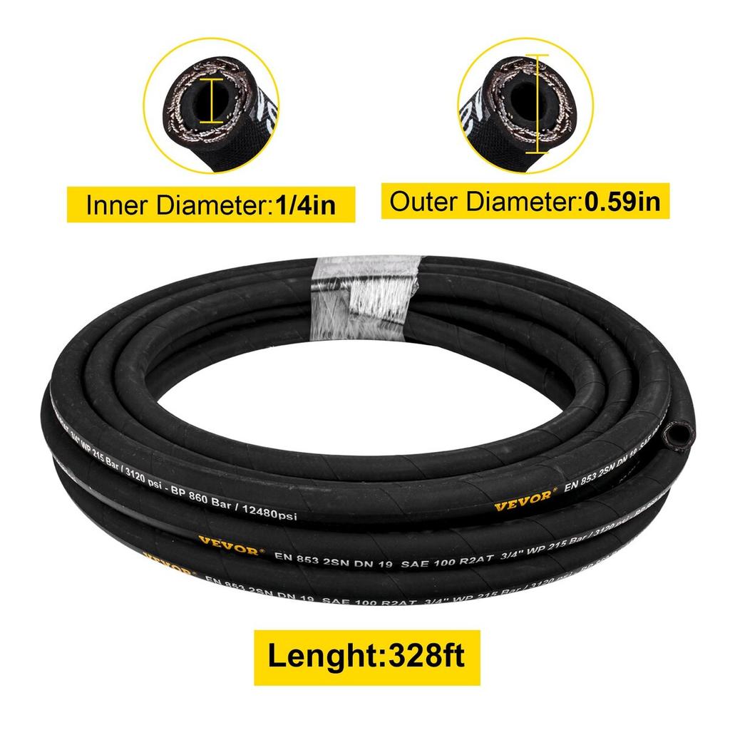 Hydraulic Hose 1/4 inch x 328 ft, Coiled Hydraulic Hose 5800 PSI, Rubber Hydraulic Hose with 2 High-Tensile Steel Wire Braid, Bulk Hydraulic Hose -20℃