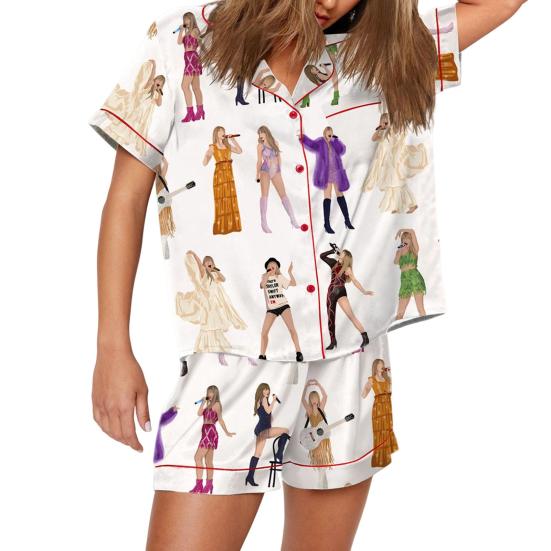 2 Pcs/Set Summer Pajama Set Country Music Singer Fans Sleepwear Satin Lapel Button-down Shirt Shorts Set Loose Elastic Waistband Shorts Pajama