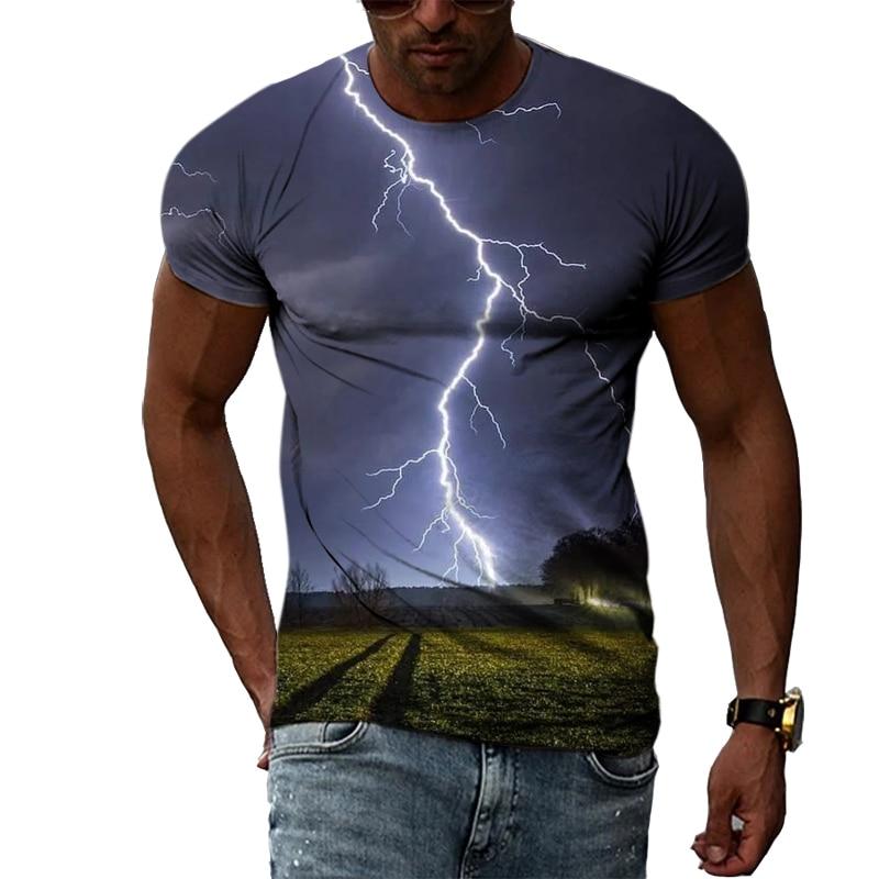 Летняя мужская футболка с 3D принтом и узором молний, модная повседневная футболка с интересным рисунком природного пейзажа, крутая блузка