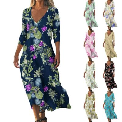 Платья для женщин Винтажный принт Туника с завышенной талией Миди-платье Летнее повседневное Платье с рукавом 3/4