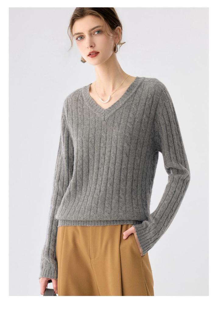 Женский свитер из утолщенного кашемира с V-образным вырезом и косами для осени/зимы