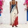 Women Plus Size Off White Scoop Neck Strappy Sleeveless Eagle Star Flag Printed A Line Long Maxi Dress