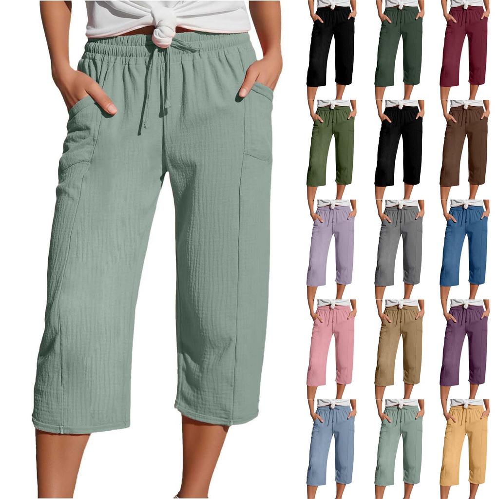 Women's Summer 3/4 Trousers Summer Trousers With Pockets Causal Loose Trousers Fabric Trousers Sport Leisure Beach Trousers