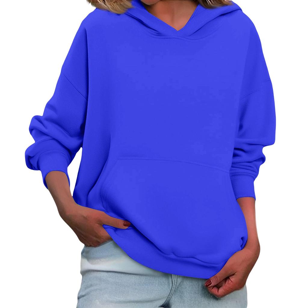 Women's Loose Long Sleeved Solid Color Casual Fleece Pullover Hooded Sweatshirt