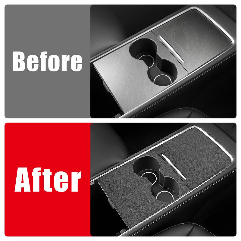 Замшевая кожаная центральная панель управления автомобиля, передний держатель для стакана с водой, отделка, коврик, декоративная наклейка для Tesla Model 3 Y 2021 2022 2023