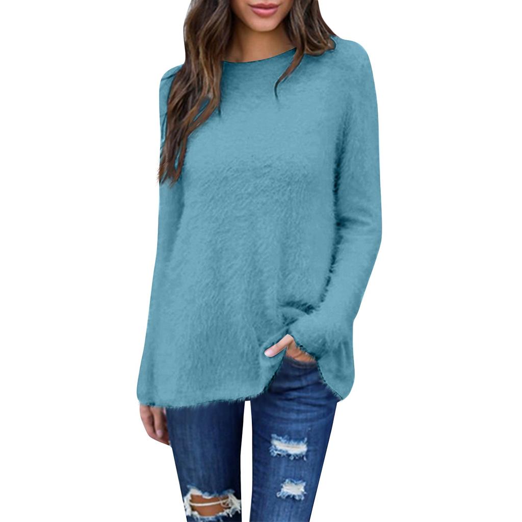 Женский модный свитер свободного кроя с круглым вырезом и длинными рукавами, повседневный однотонный топ