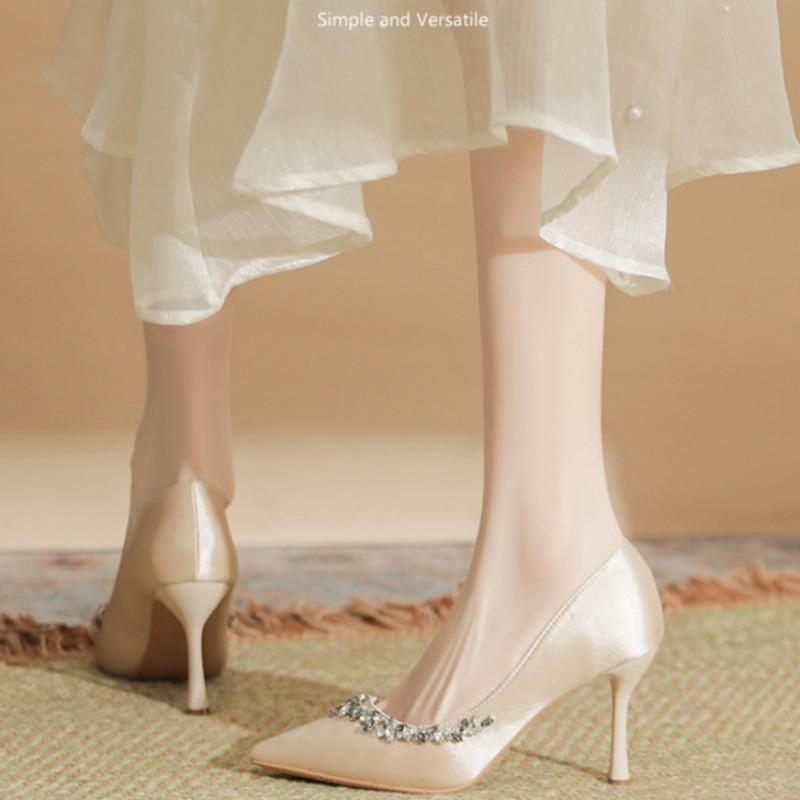 New Pointed Stiletto Shoes Large Size Plus Wide Pearl Women's High Heels Wedding Shoes Bridesmaid Shoes Rhinestone Fashion