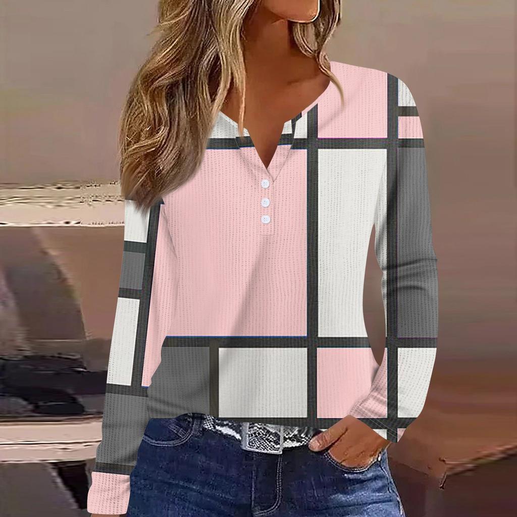 Женская футболка с принтом на пуговицах, длинный рукав, вязаный свитер, повседневный, модный, на выходные, базовый, с V-образным вырезом, обычный топ