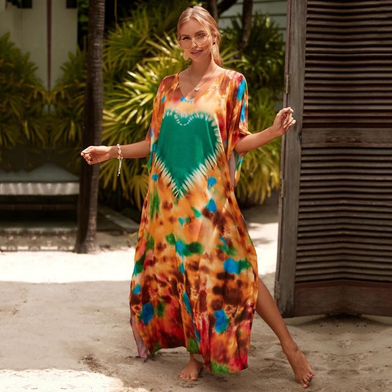 2022 Разноцветный кафтан с богемным принтом и v-образным вырезом, рукавами «летучая мышь», уличная одежда, платье макси, женская пляжная одежда, купальный костюм, накидка Q1342