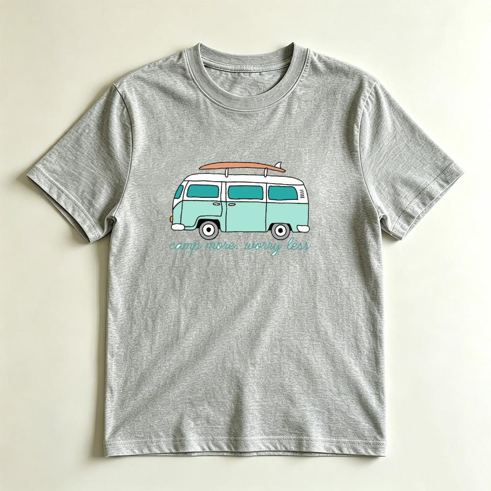 Camp More Worry Less Retro Surf Van Casual Graphic TShirt Beach Camping Lover Gift Tshirt Summer Vibe Adventure Casual Shirt