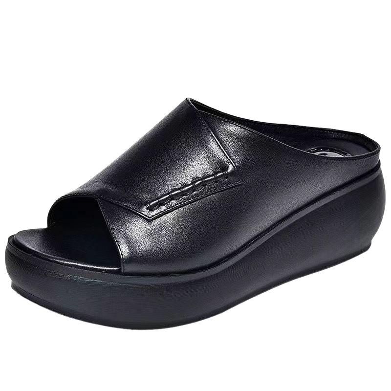 Тапочки для мам из натуральной мягкой кожи с толстой подошвой и мягкой подошвой, женские, лето 2025, новая модная верхняя одежда, сандалии на танкетке