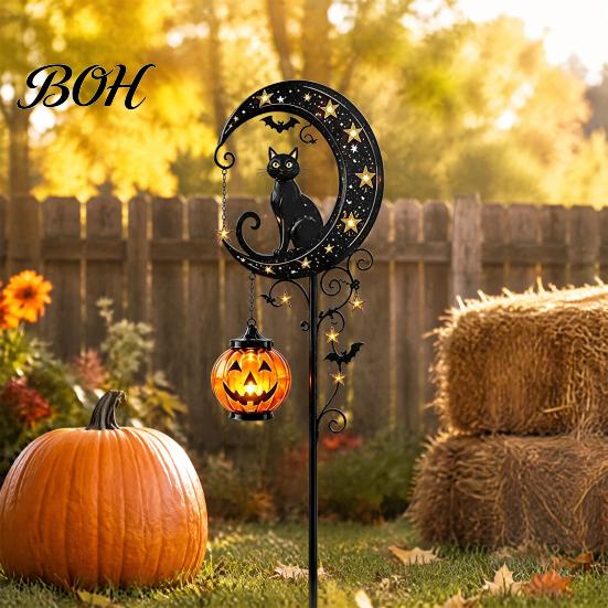 Easy Install Decorative Stakes Halloween Solar Garden Light, Black Cat Pumpkin Moon Stake Pathway Lights for Home Courtyard Waterproof LED Yard
