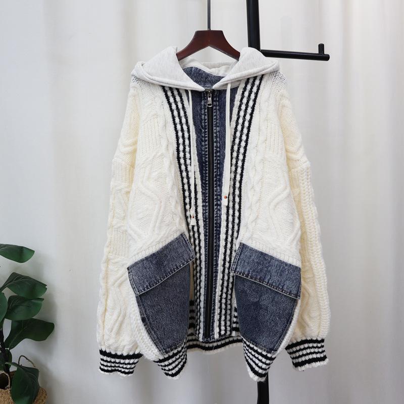 Осень и зима новый худи с джинсовыми вставками на молнии вязаный кардиган утолщенный свободный дизайн свитер куртка женская