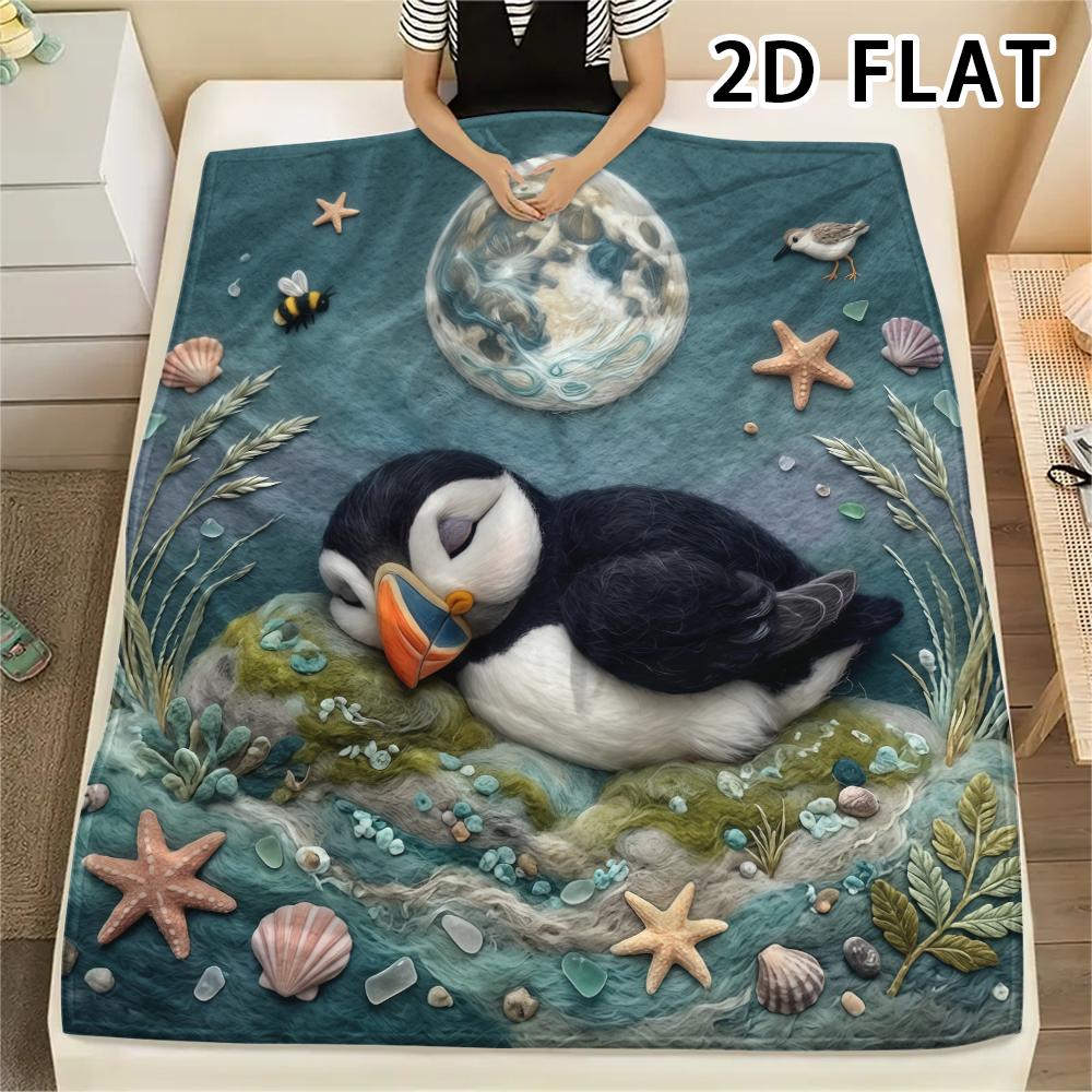1Pc 2D FLAT Realistic Puffin Print Flannel Blanket,High quality Comfortable for All Seasons,Home Decor,Warmth and Comfort,Perfect for Christmas Gifts
