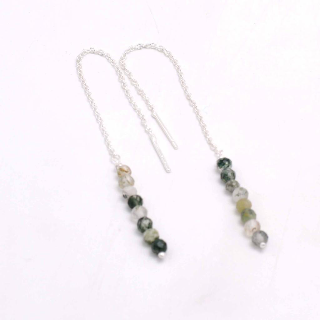 Moss Agate 925 Silver Threader Earrings, Natural Gemstone Women Handmade Fringe Earrings