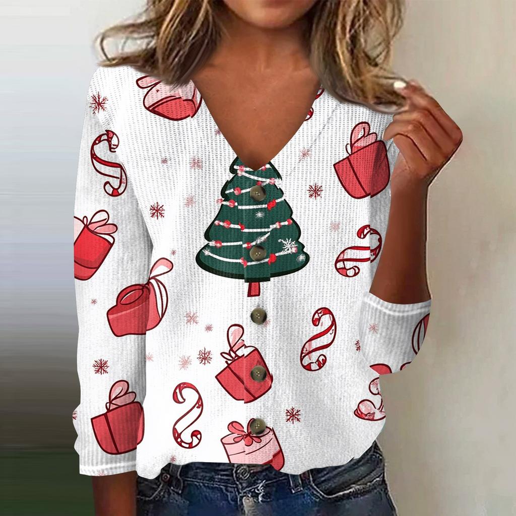 Women's Fashion Print Long Sleeve Knitted Cardigan Button Up Jacket