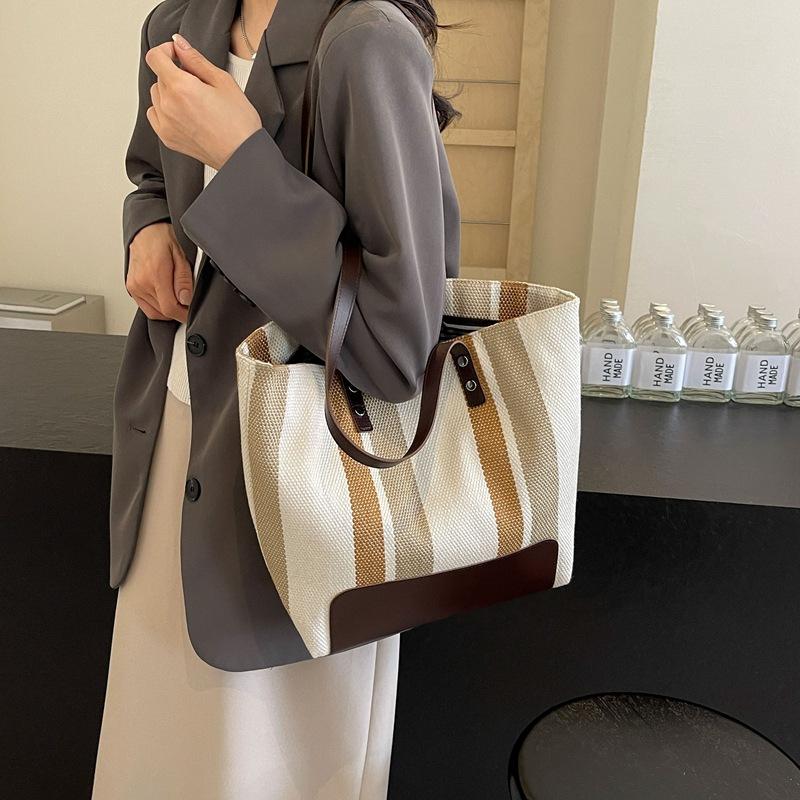 Новая вместительная холщовая сумка в контрастную полоску, женская универсальная сумка через плечо, портативная сумка-тоут