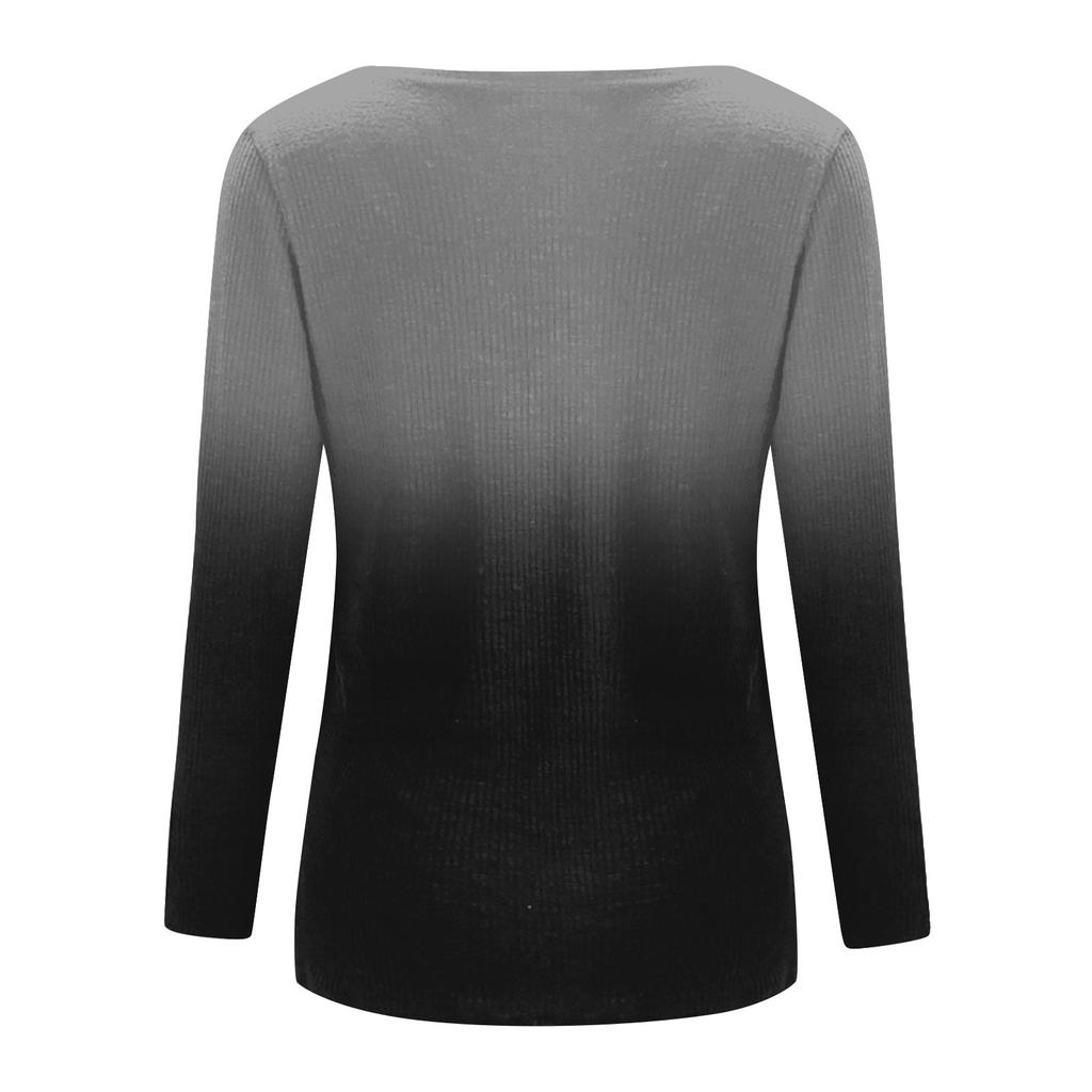 Женская футболка, модная, повседневная, с градиентным цветным принтом, V-образным вырезом, облегающая, с длинным рукавом