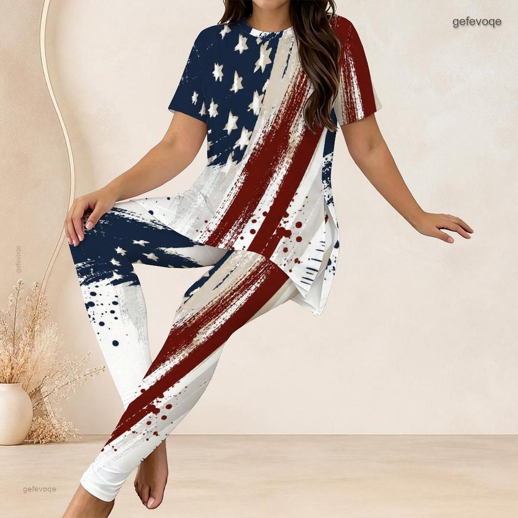 Women Plus Size Round Neck Short Sleeve American Flag Printed Long Top Fitted Pants Two Piece Set