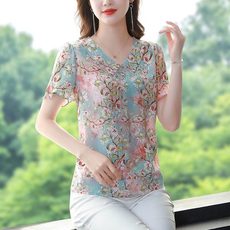 Шифоновая рубашка с цветочным принтом и кукольным вырезом, женская блузка с коротким рукавом, новый летний свободный топ с принтом M-4XL