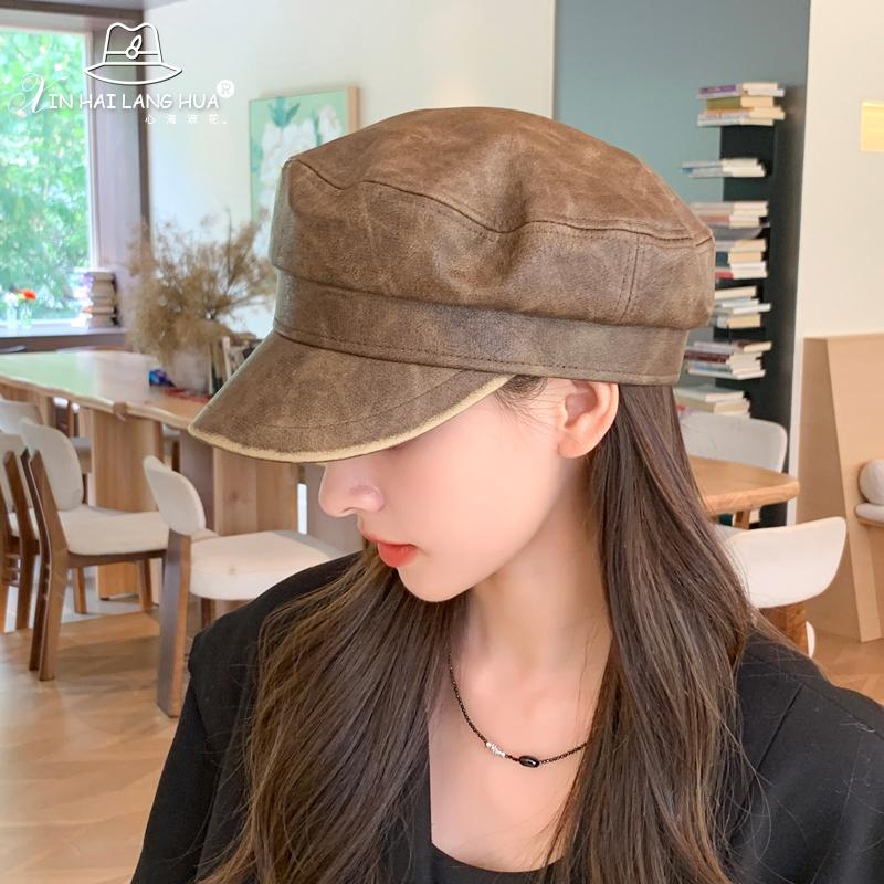 Показать маленькую темпераментную шапку из искусственной кожи, кепку для детей, осень и зима, новый ретро, литературный и универсальный, черный восьмиугольный берет