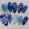 Blue Press On Nails Medium Almond Fake Nails with Designs Reusable False Nails Press Ons Full Cover Acrylic Glue On Nails Stick On Nail for Women