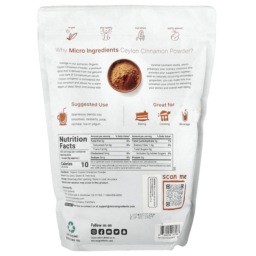Micro Ingredients Органический порошок цейлонской корицы, 2 фунта (907 г)